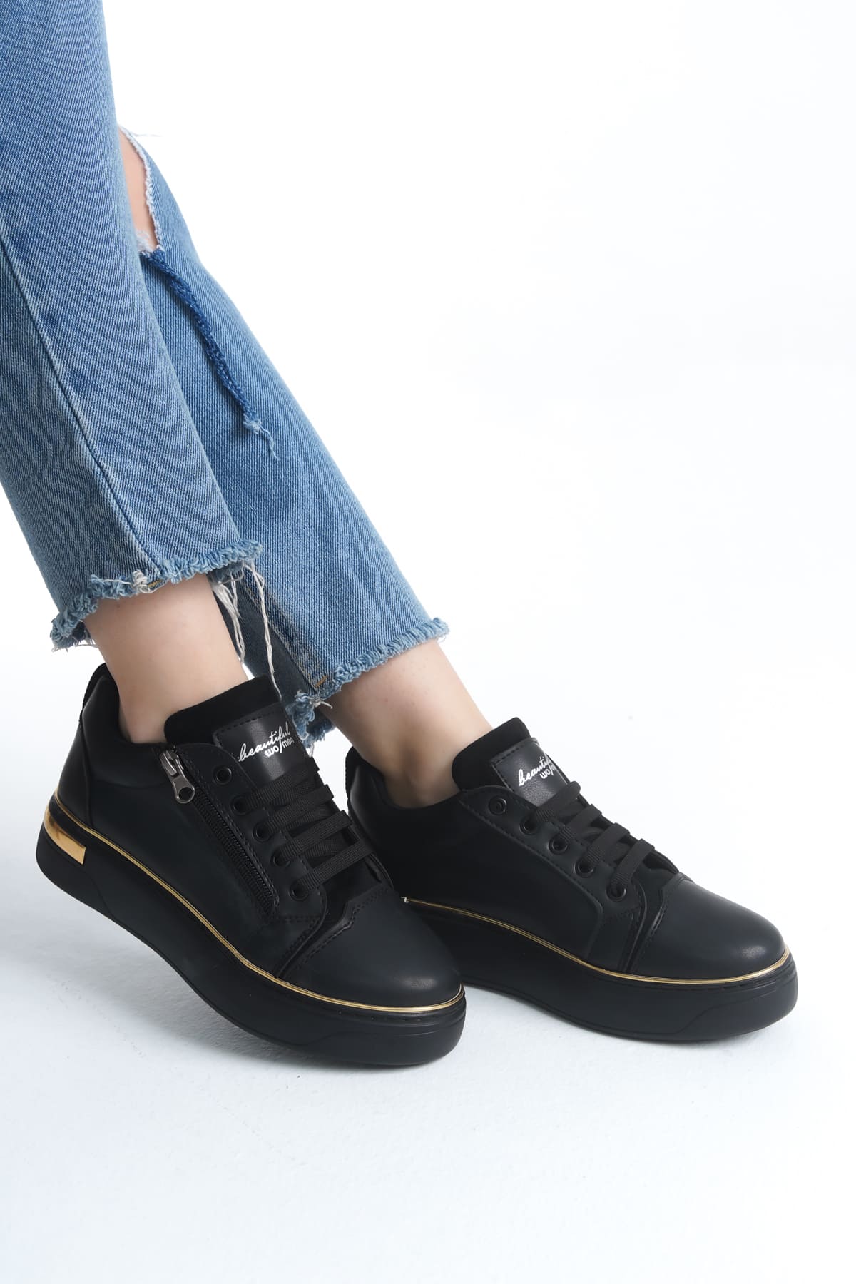 DINA Bağcıklı Fermuarlı Ortopedik Taban Kadın Sneaker Spor Ayakkabı  CST - Siyah/Altın - Görsel 2