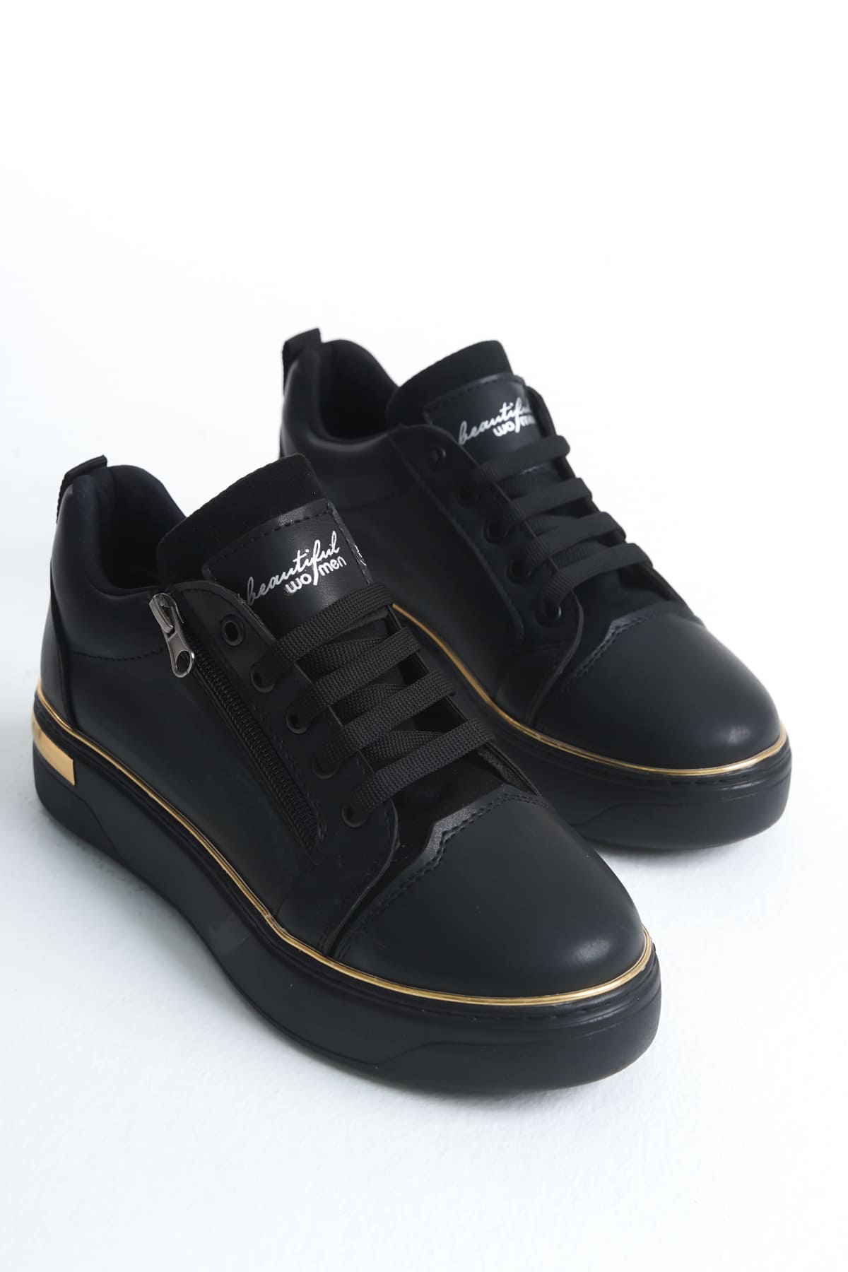 DINA Bağcıklı Fermuarlı Ortopedik Taban Kadın Sneaker Spor Ayakkabı  CST - Siyah/Altın - Görsel 4