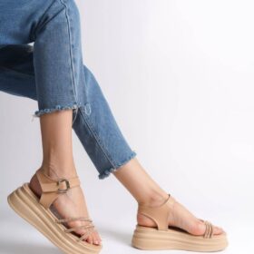 EVA Kalın Tokalı Taşlı Şeritli Ortopedik Taban Kadın Sandalet  CTT - Ten