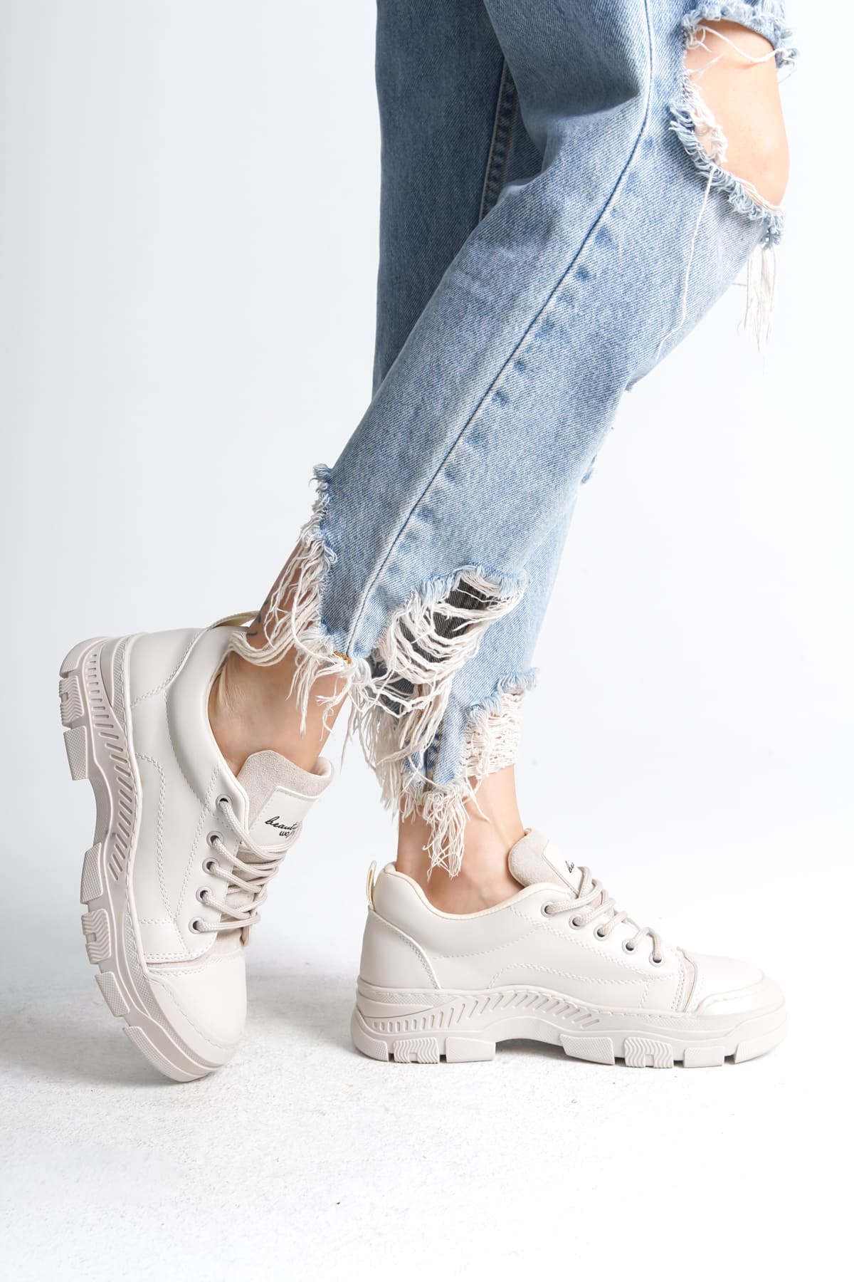 JANE Bağcıklı Ortopedik Taban Kadın Sneaker Spor Ayakkabı  CKT - Krem - Görsel 3