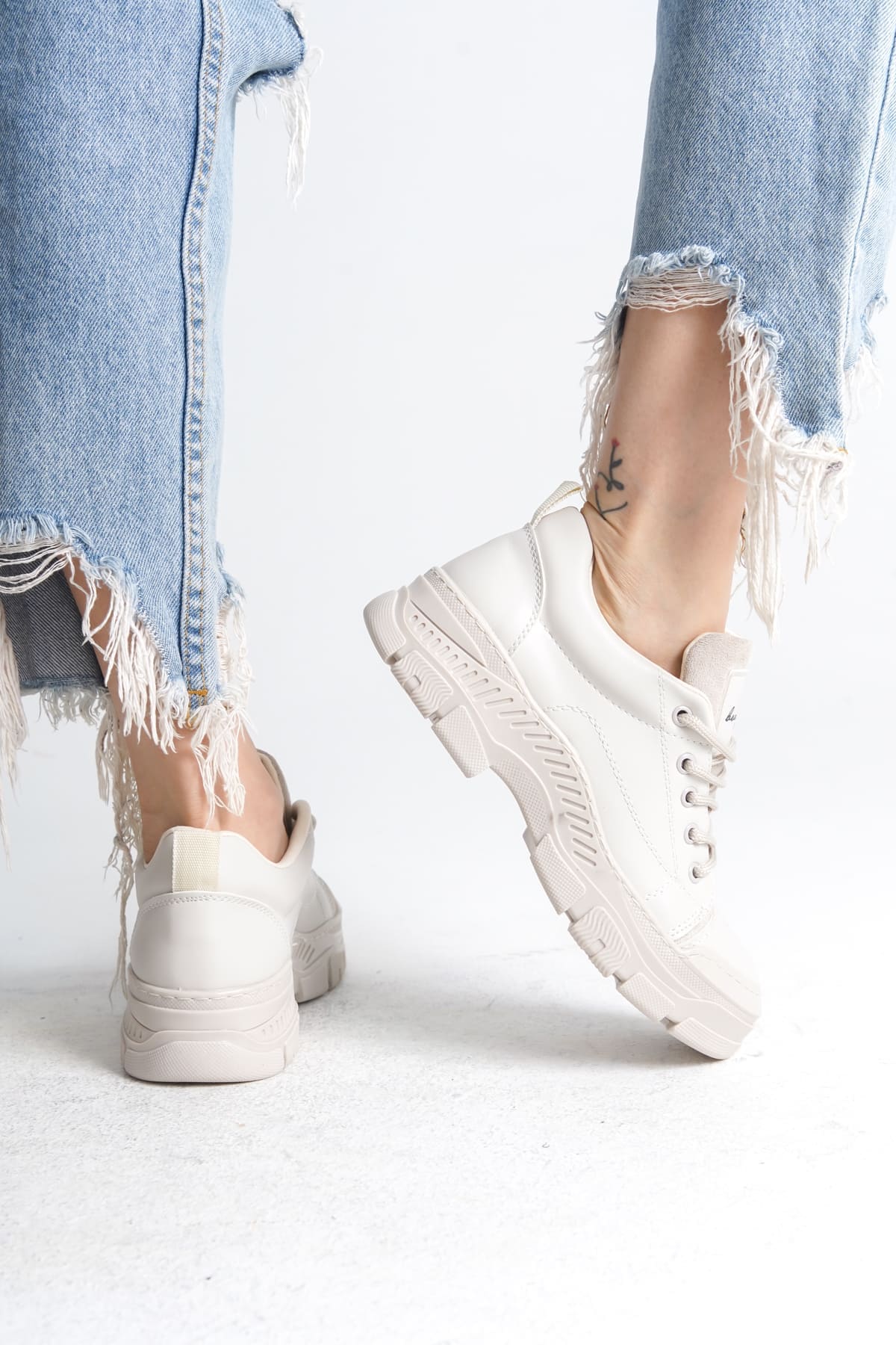 JANE Bağcıklı Ortopedik Taban Kadın Sneaker Spor Ayakkabı  CKT - Krem - Görsel 4