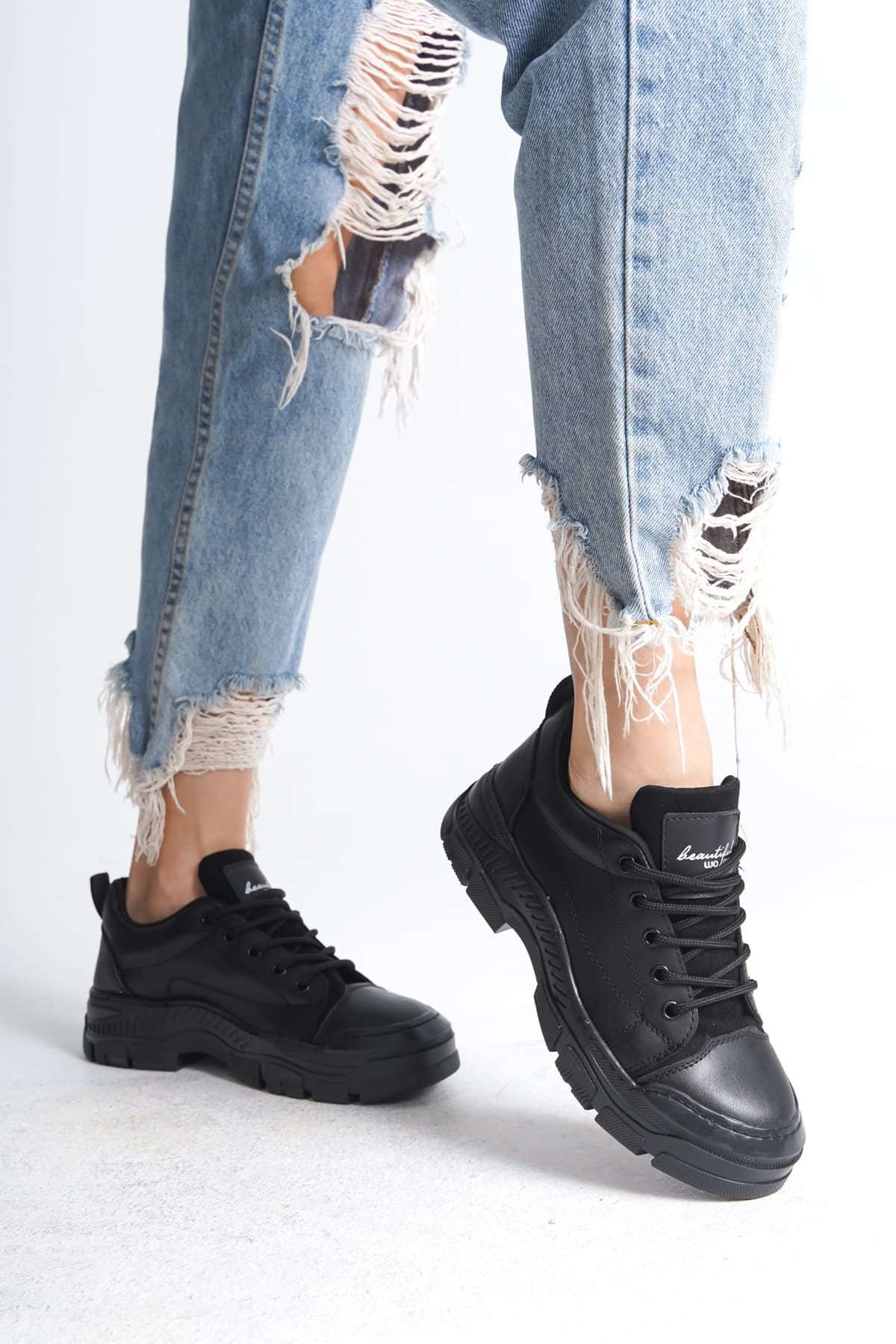 JANE Bağcıklı Ortopedik Taban Kadın Sneaker Spor Ayakkabı  CST - Siyah - Görsel 3