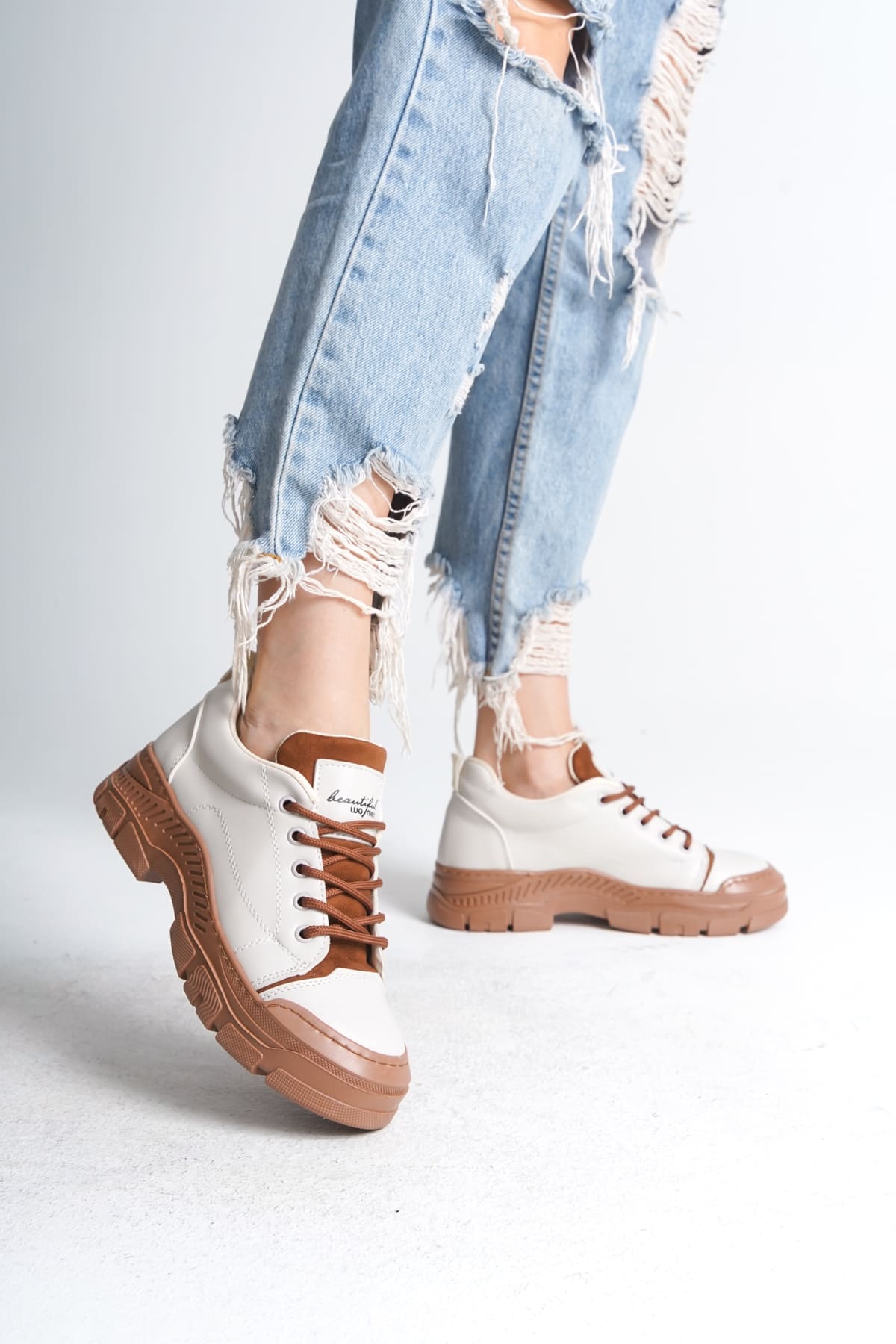 JANE Bağcıklı Ortopedik Taban Kadın Sneaker Spor Ayakkabı  CTT - Krem - Görsel 2