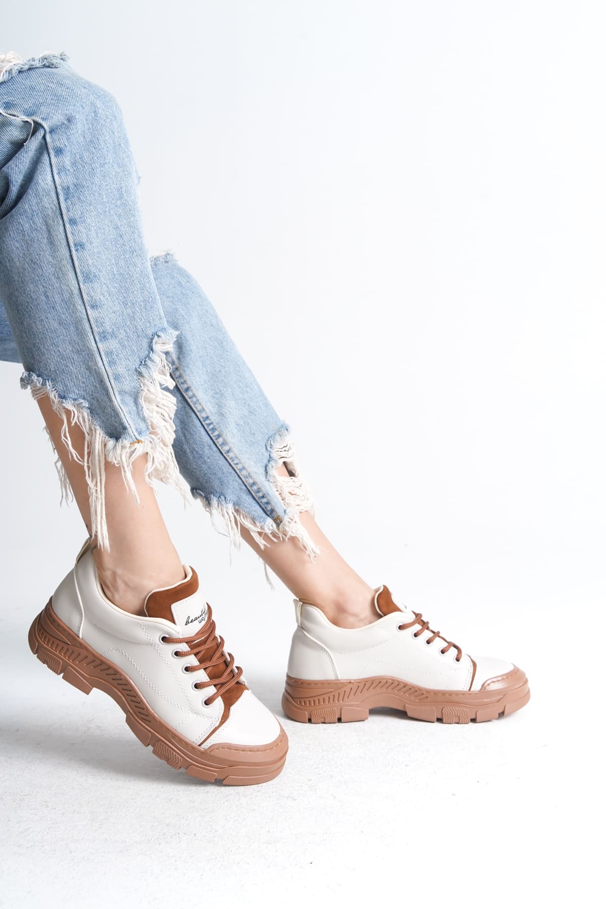 JANE Bağcıklı Ortopedik Taban Kadın Sneaker Spor Ayakkabı  CTT - Krem - Görsel 4