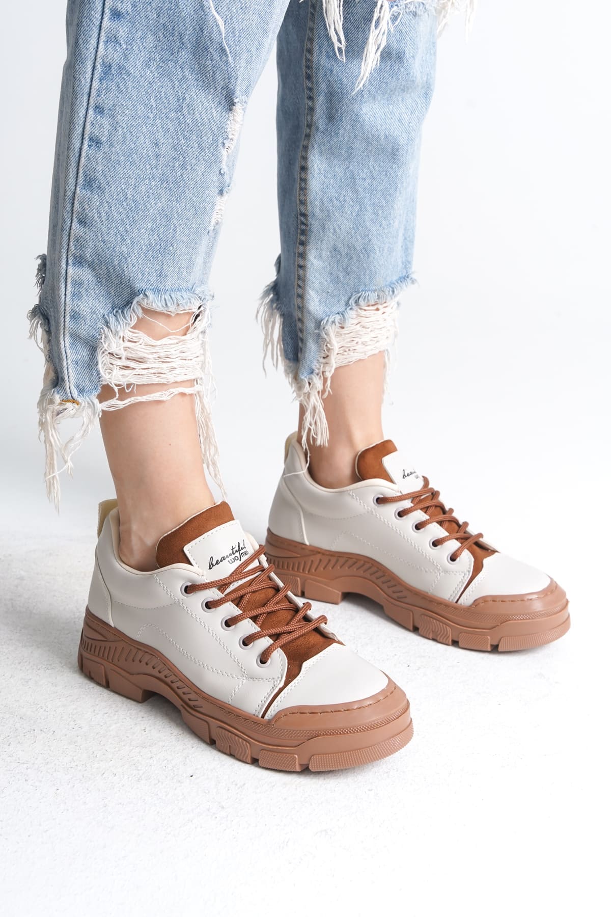 JANE Bağcıklı Ortopedik Taban Kadın Sneaker Spor Ayakkabı  CTT - Krem