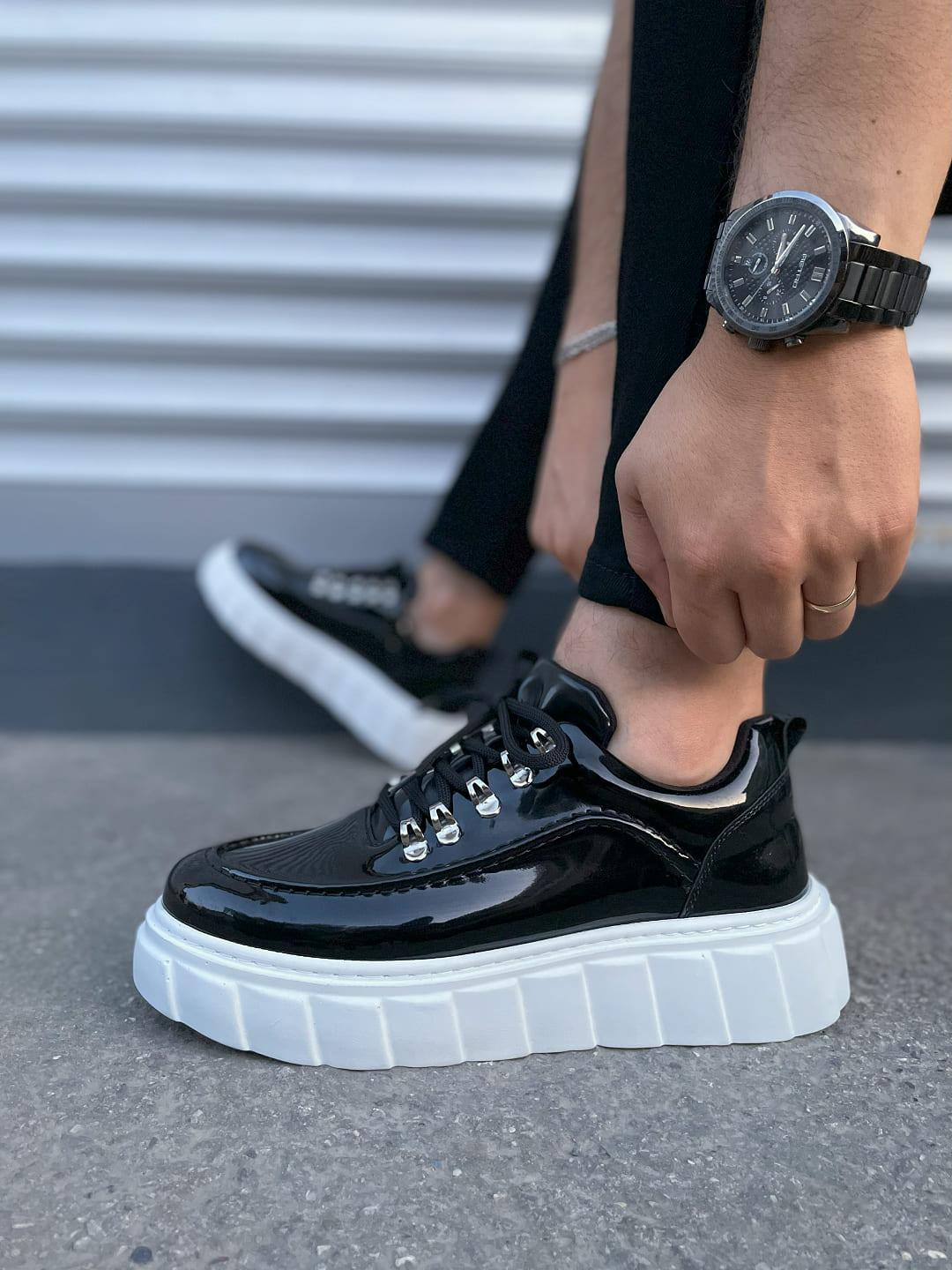 JY010 Cloud Bağcıklı Rugan Erkek Günlük Sneaker Ayakkabı RBT - Siyah - Görsel 3
