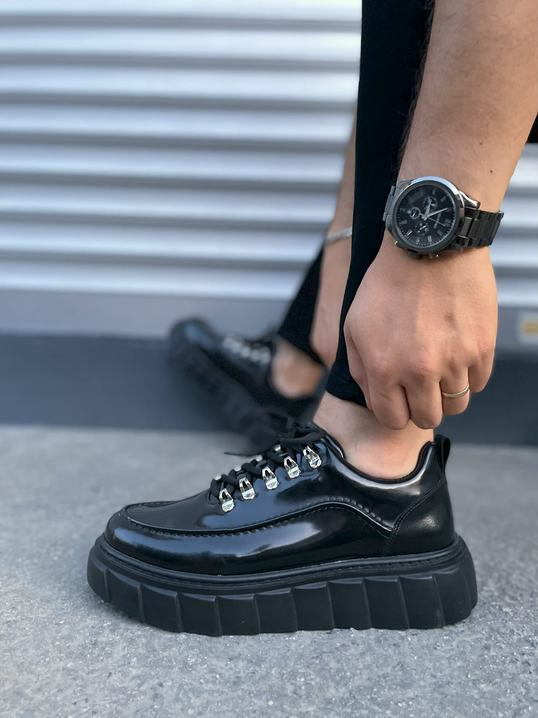 JY010 Cloud Bağcıklı Rugan Erkek Günlük Sneaker Ayakkabı RST - Siyah - Görsel 3