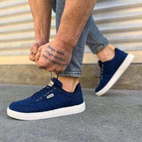 JY0118 REX Bağcıklı Keten Kumaş Erkek Günlük Sneaker Ayakkabı KBT - Lacivert