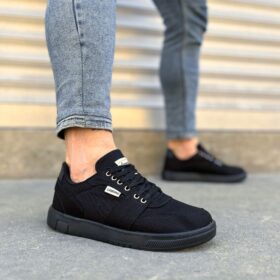 JY0118 REX Bağcıklı Keten Kumaş Erkek Günlük Sneaker Ayakkabı KST - Siyah