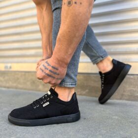 JY0118 REX Bağcıklı Keten Kumaş Erkek Günlük Sneaker Ayakkabı KST - Siyah
