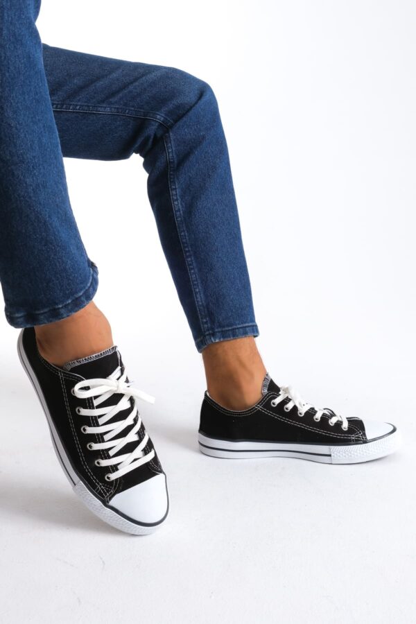 JY0422 Luke Bağcıklı Keten Kumaş Erkek Günlük Sneaker Ayakkabı KBT - Siyah - Görsel 2