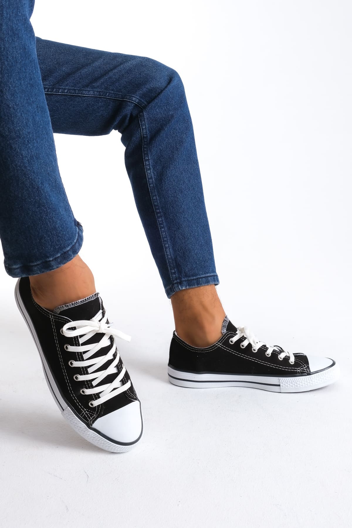 JY0422 Luke Bağcıklı Keten Kumaş Erkek Günlük Sneaker Ayakkabı KBT - Siyah - Görsel 2