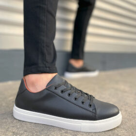 JY122 Mode Bağcıklı Cilt Erkek Günlük Sneaker Ayakkabı CBT - Siyah
