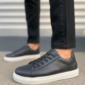 JY122 Mode Bağcıklı Cilt Erkek Günlük Sneaker Ayakkabı CBT - Siyah