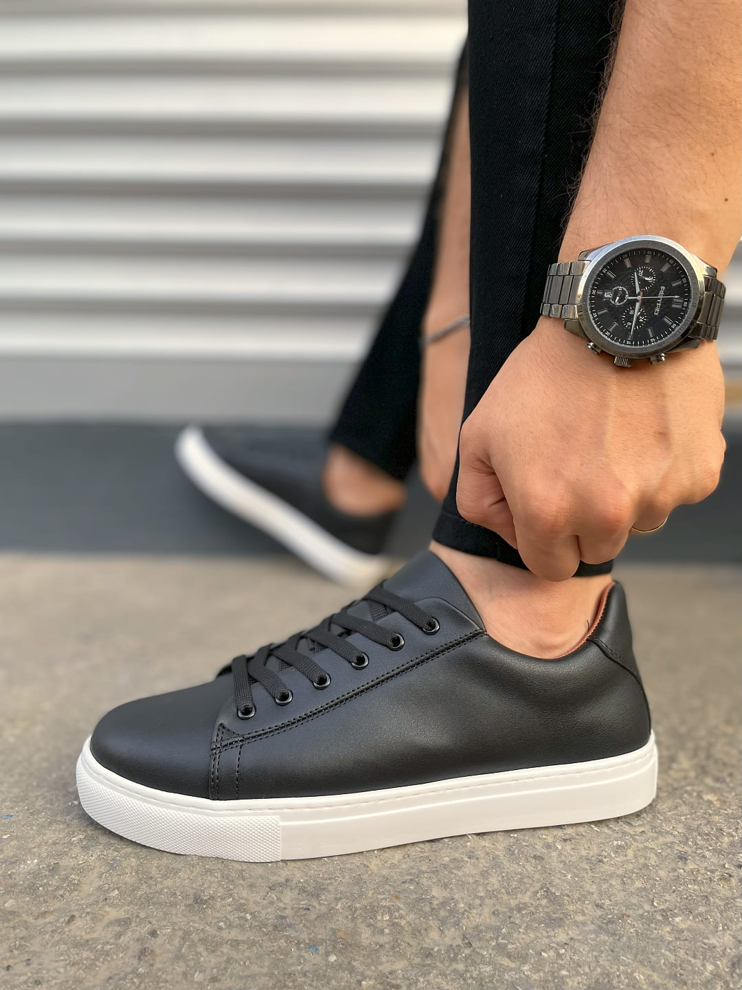 JY122 Mode Bağcıklı Cilt Erkek Günlük Sneaker Ayakkabı CBT - Siyah - Görsel 3