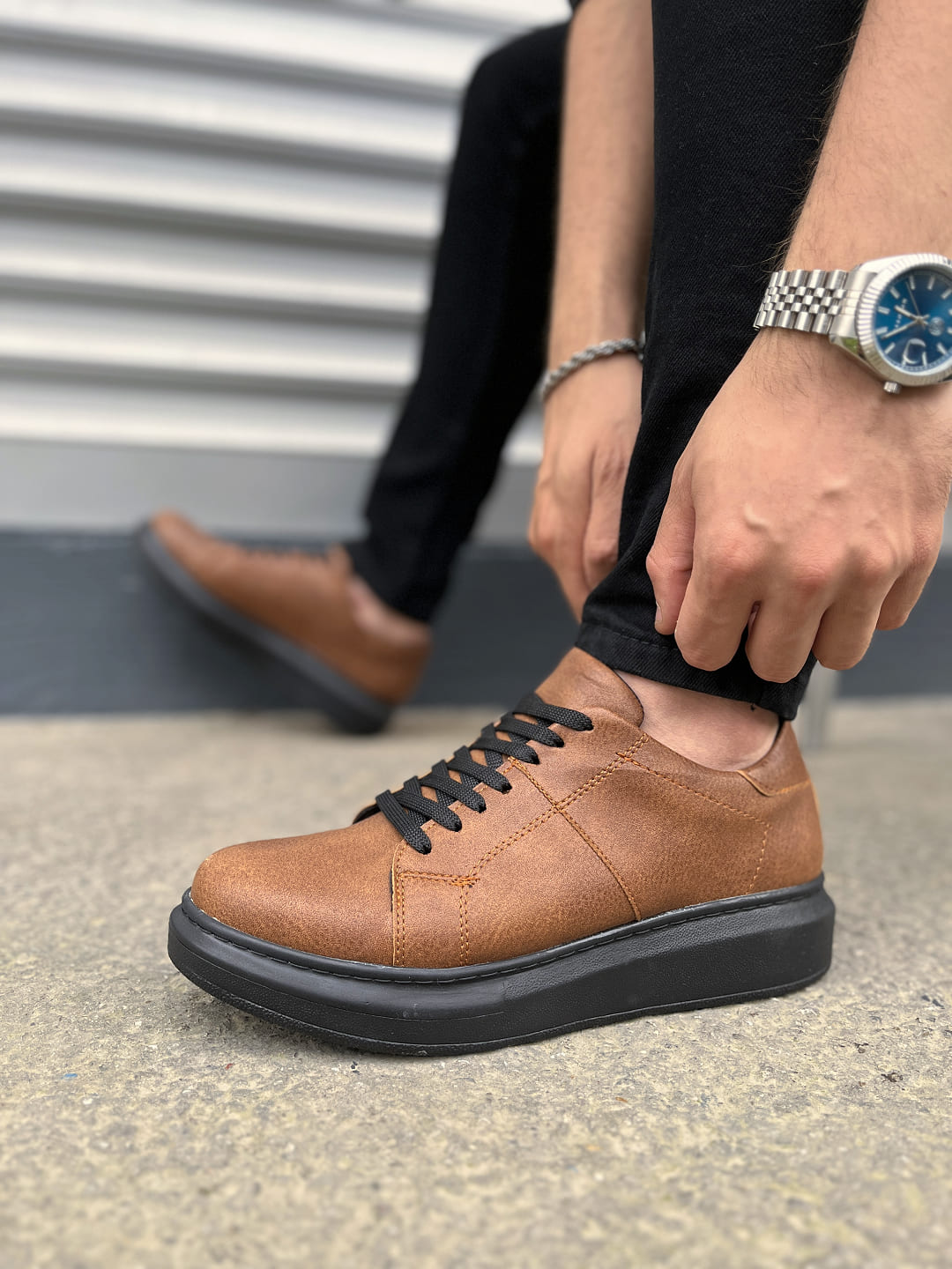 JY151 Boost Bağcıklı Cilt Erkek Günlük Sneaker Ayakkabı CST - Taba - Görsel 3