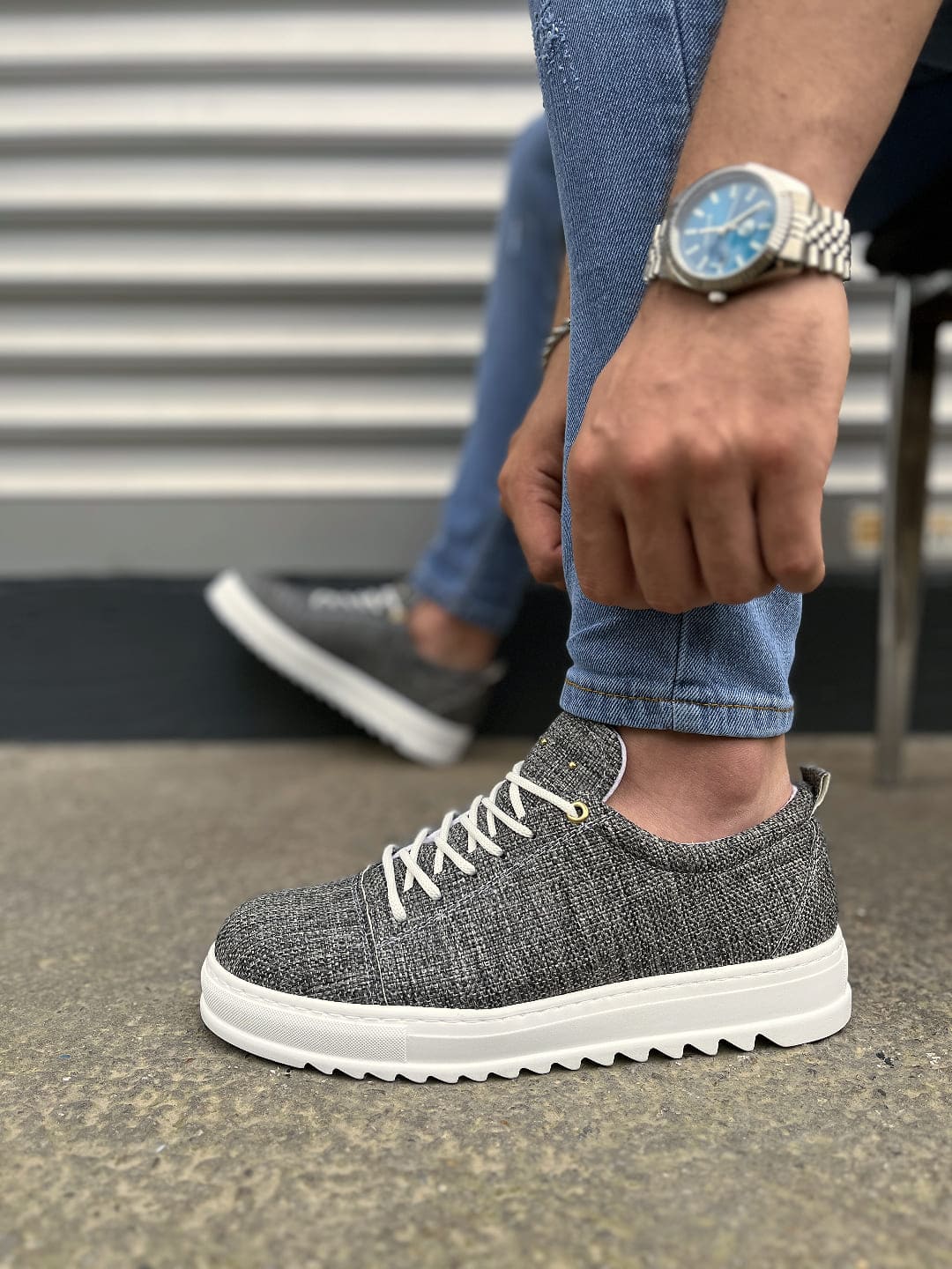 JY152 Cool Bağcıklı Keten Erkek Günlük Spor Klasik Ayakkabı KBT - Gri - Görsel 3