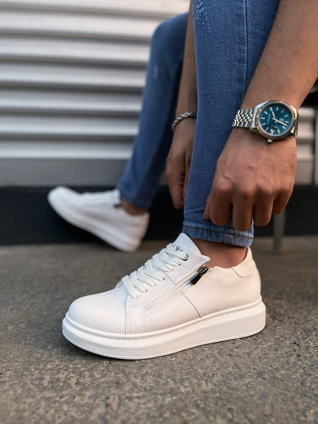 JY155 Warrior Bağcıklı ve Fermuarlı Cilt Erkek Günlük Sneaker Ayakkabı CBT - Beyaz - Görsel 3