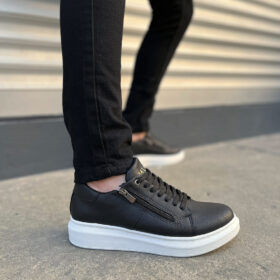 JY155 Warrior Bağcıklı ve Fermuarlı Cilt Erkek Günlük Sneaker Ayakkabı CBT - Siyah