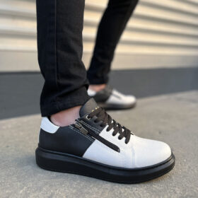 JY155 Warrior Bağcıklı ve Fermuarlı Cilt Erkek Günlük Sneaker Ayakkabı CST - Siyah/Beyaz
