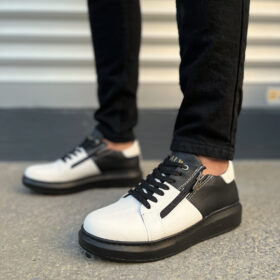 JY155 Warrior Bağcıklı ve Fermuarlı Cilt Erkek Günlük Sneaker Ayakkabı CST - Siyah/Beyaz