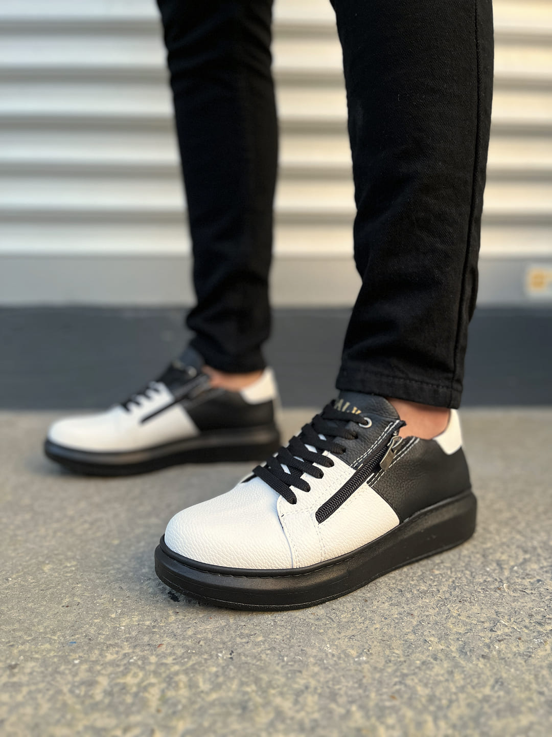 JY155 Warrior Bağcıklı ve Fermuarlı Cilt Erkek Günlük Sneaker Ayakkabı CST - Siyah/Beyaz - Görsel 2