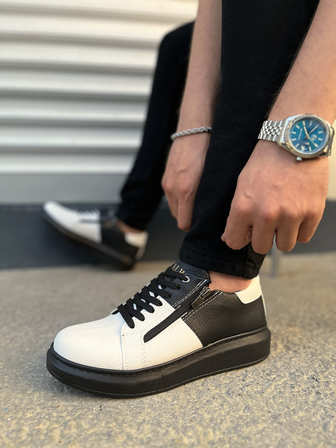 JY155 Warrior Bağcıklı ve Fermuarlı Cilt Erkek Günlük Sneaker Ayakkabı CST - Siyah/Beyaz - Görsel 3