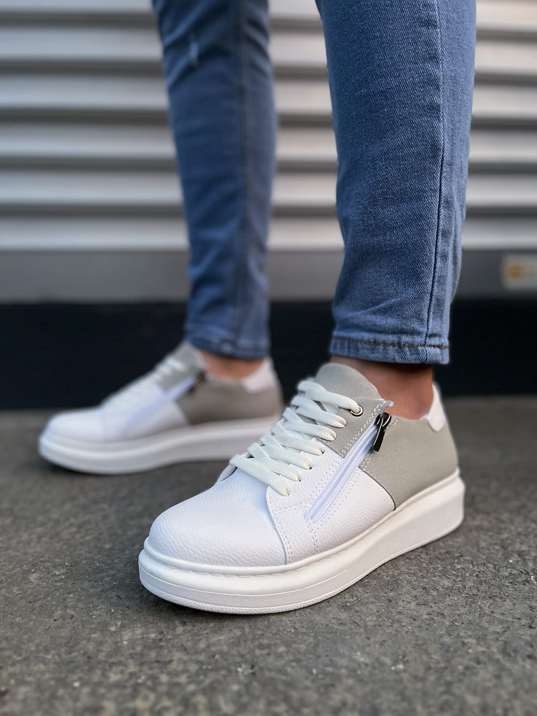 JY155 Warrior Bağcıklı ve Fermuarlı Cilt Süet Erkek Günlük Sneaker Ayakkabı CSBT - Beyaz/Gri - Görsel 2