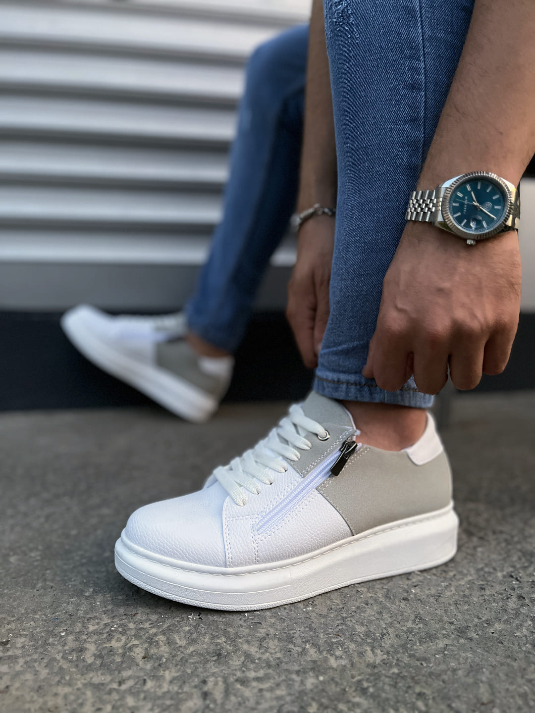 JY155 Warrior Bağcıklı ve Fermuarlı Cilt Süet Erkek Günlük Sneaker Ayakkabı CSBT - Beyaz/Gri - Görsel 3