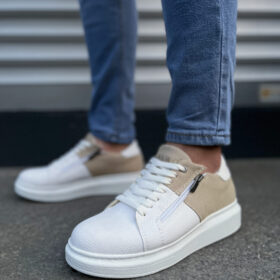 JY155 Warrior Bağcıklı ve Fermuarlı Cilt Süet Erkek Günlük Sneaker Ayakkabı CSBT - Beyaz/Krem