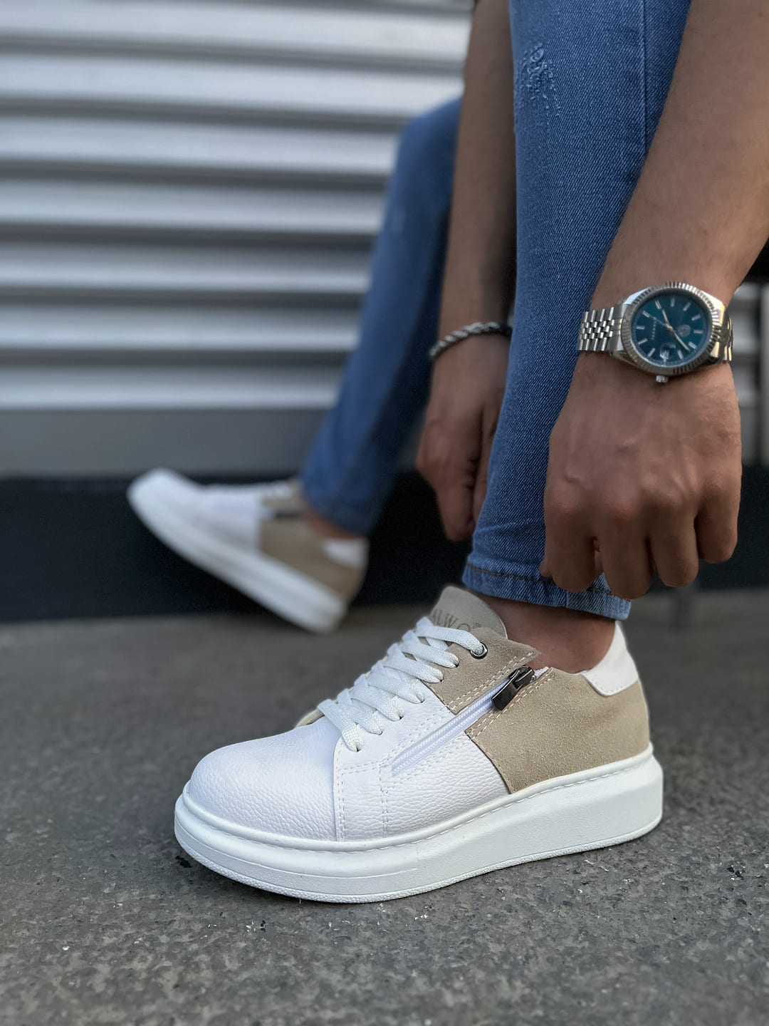JY155 Warrior Bağcıklı ve Fermuarlı Cilt Süet Erkek Günlük Sneaker Ayakkabı CSBT - Beyaz/Krem - Görsel 3