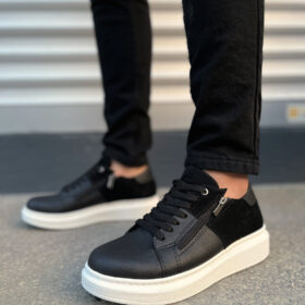 JY155 Warrior Bağcıklı ve Fermuarlı Cilt Süet Erkek Günlük Sneaker Ayakkabı CSBT - Siyah