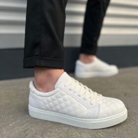 JY166 Prestige Bağcıklı Cilt Kapitone Desenli Erkek Günlük Sneaker Ayakkabı CBT - Beyaz