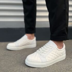 JY166 Prestige Bağcıklı Cilt Kapitone Desenli Erkek Günlük Sneaker Ayakkabı CBT - Beyaz