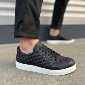JY166 Prestige Bağcıklı Cilt Kapitone Desenli Erkek Günlük Sneaker Ayakkabı CBT - Siyah
