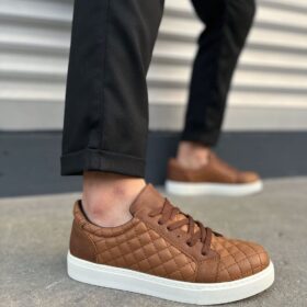 JY166 Prestige Bağcıklı Cilt Kapitone Desenli Erkek Günlük Sneaker Ayakkabı CBT - Taba