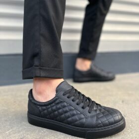 JY166 Prestige Bağcıklı Cilt Kapitone Desenli Erkek Günlük Sneaker Ayakkabı CST - Siyah