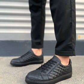 JY166 Prestige Bağcıklı Cilt Kapitone Desenli Erkek Günlük Sneaker Ayakkabı CST - Siyah