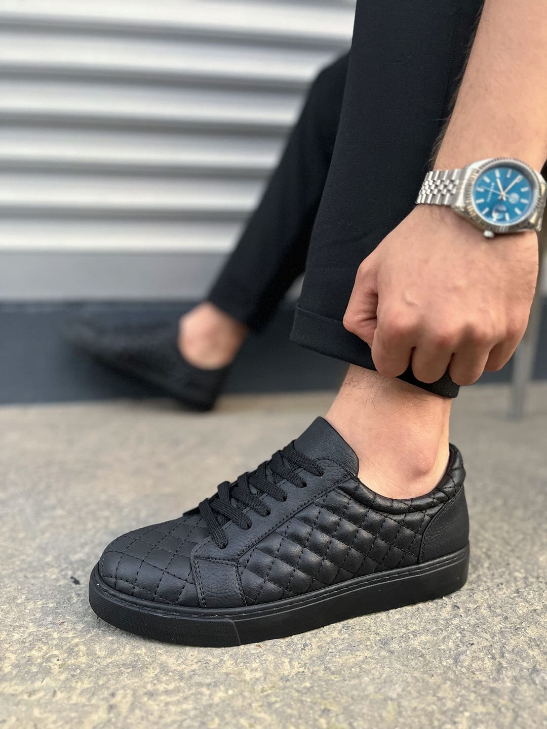 JY166 Prestige Bağcıklı Cilt Kapitone Desenli Erkek Günlük Sneaker Ayakkabı CST - Siyah - Görsel 3