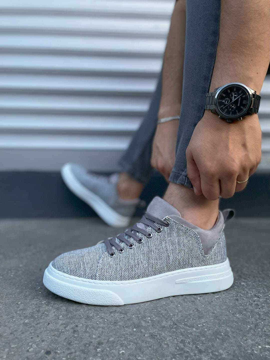 JY204 Flex Bağcıklı Keten Kumaş Erkek Günlük Sneaker Ayakkabı KBT - Gri - Görsel 3