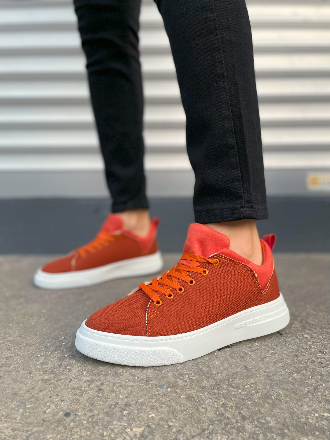 JY204 Flex Bağcıklı Keten Kumaş Erkek Günlük Sneaker Ayakkabı KBT - Turuncu - Görsel 2