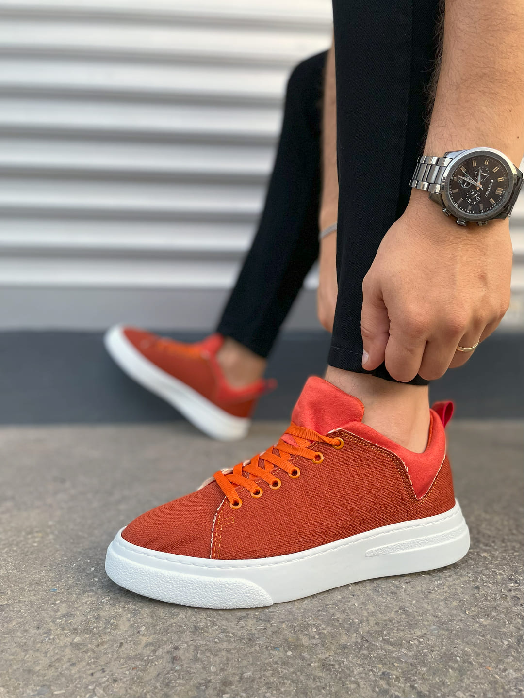 JY204 Flex Bağcıklı Keten Kumaş Erkek Günlük Sneaker Ayakkabı KBT - Turuncu - Görsel 3