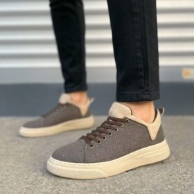 JY204 Flex Bağcıklı Keten Kumaş Erkek Günlük Sneaker Ayakkabı KKT - Kahverengi/Krem