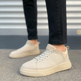 JY204 Flex Bağcıklı Keten Kumaş Erkek Günlük Sneaker Ayakkabı KKT - Krem