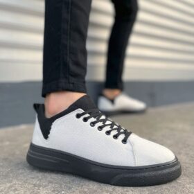 JY204 Flex Bağcıklı Keten Kumaş Erkek Günlük Sneaker Ayakkabı KST - Beyaz/Siyah