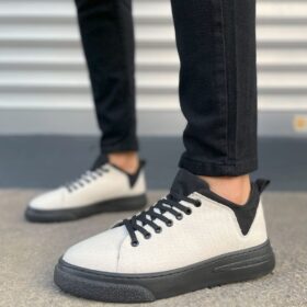 JY204 Flex Bağcıklı Keten Kumaş Erkek Günlük Sneaker Ayakkabı KST - Beyaz/Siyah