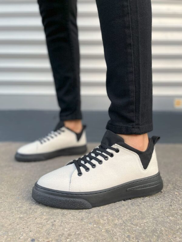 JY204 Flex Bağcıklı Keten Kumaş Erkek Günlük Sneaker Ayakkabı KST - Beyaz/Siyah - Görsel 2