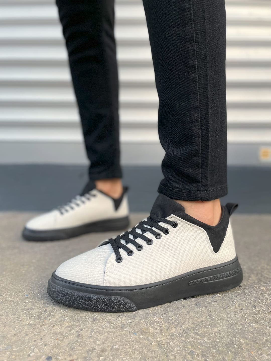 JY204 Flex Bağcıklı Keten Kumaş Erkek Günlük Sneaker Ayakkabı KST - Beyaz/Siyah - Görsel 2