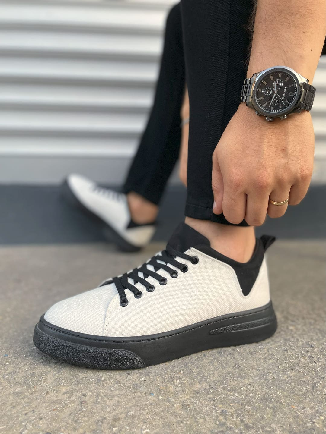 JY204 Flex Bağcıklı Keten Kumaş Erkek Günlük Sneaker Ayakkabı KST - Beyaz/Siyah - Görsel 3