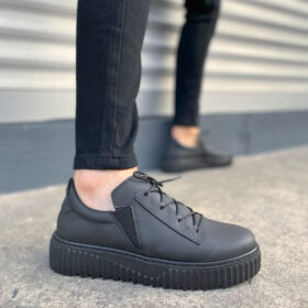 JY502 Bold Bağcıklı Cilt Erkek Günlük Sneaker Ayakkabı CST - Siyah